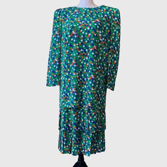 VINTAGE CLASSIQUE  GREEN TWO PIECE COLORFUL POLKA-DOTED DRESS - Picture 1 of 16